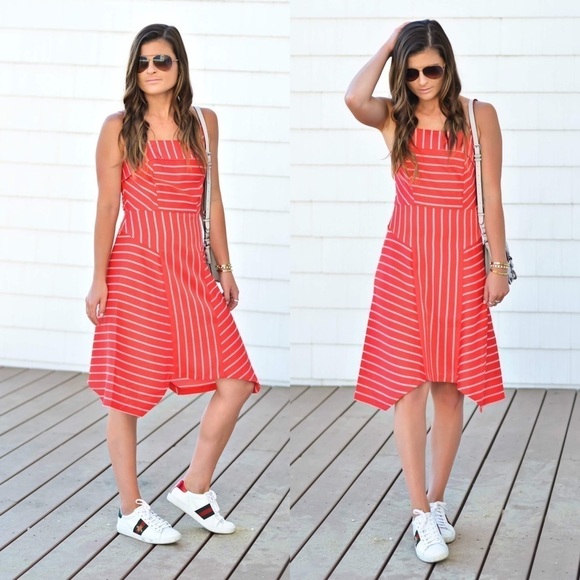 BANANA REPUBLIC STRIPED RED SQUARE NECK SPAGHETTI STRAP HANDKERCHIEF HEM DRESS - Picture 14 of 14